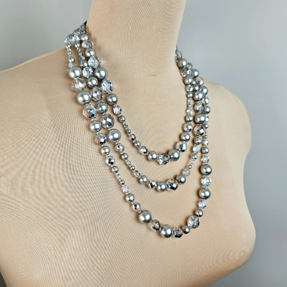 Long Silver Gray Faux Pearl Crystal Necklace Layered Statement Opera Length
